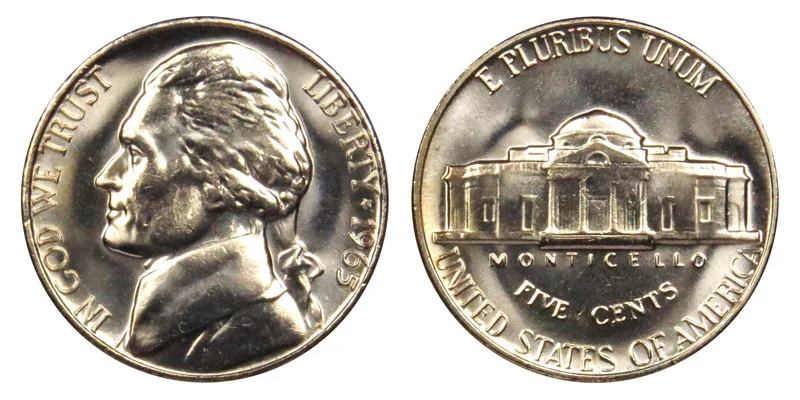 1965 Jefferson nickel obverse and reverse, business strike and SMS comparison