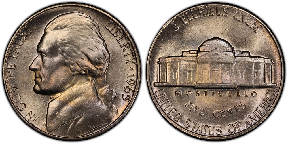 1965 Jefferson nickel side-by-side comparison: weak steps (common) vs Full Steps designation (rare)