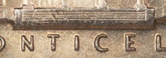 1965 Jefferson nickel Full Steps designation — macro close-up of Monticello steps showing complete uninterrupted step lines