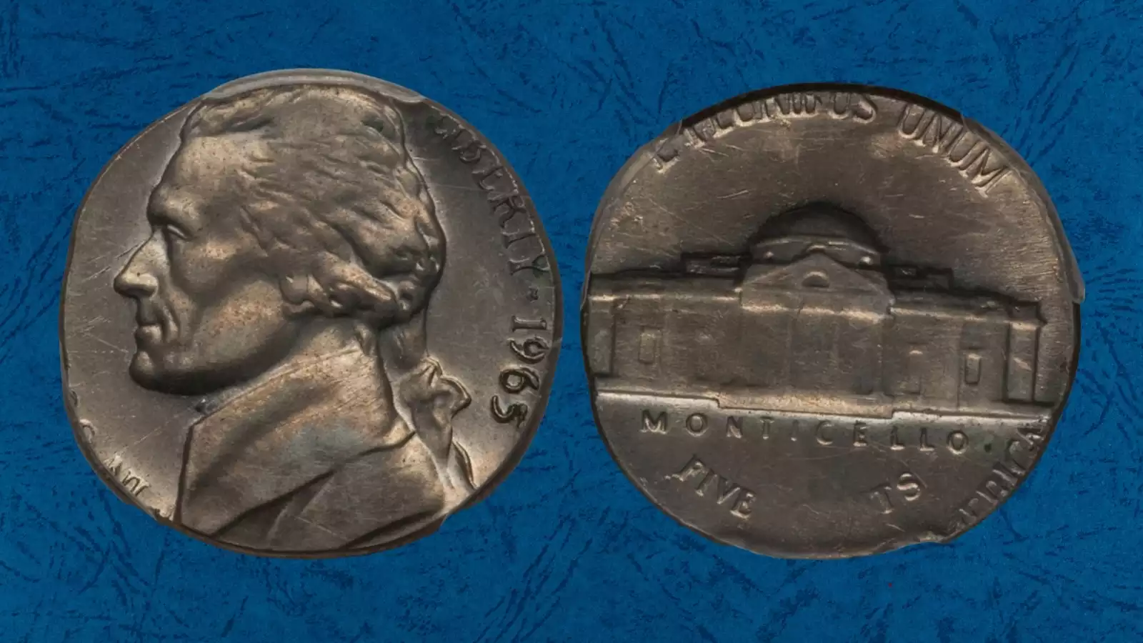 1965 Jefferson nickel wrong planchet error — nickel design struck on undersized dime planchet showing reeded edge and cropped portrait