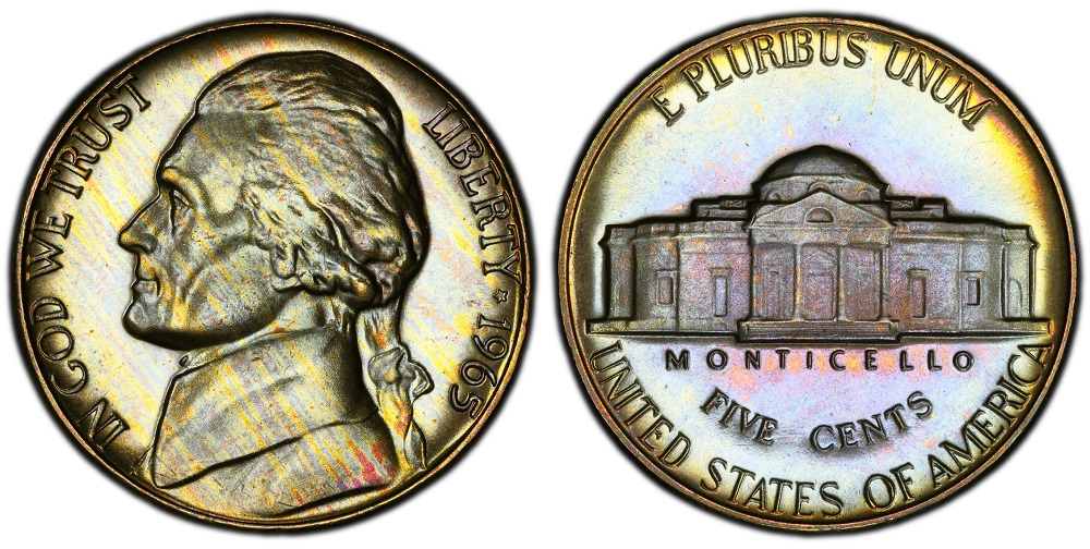 1965 Jefferson nickel mintage — group of business strikes and SMS coins showing both types produced that year