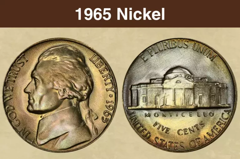 1965 Jefferson nickel grading strip showing four condition tiers: worn, circulated, about uncirculated, and gem uncirculated
